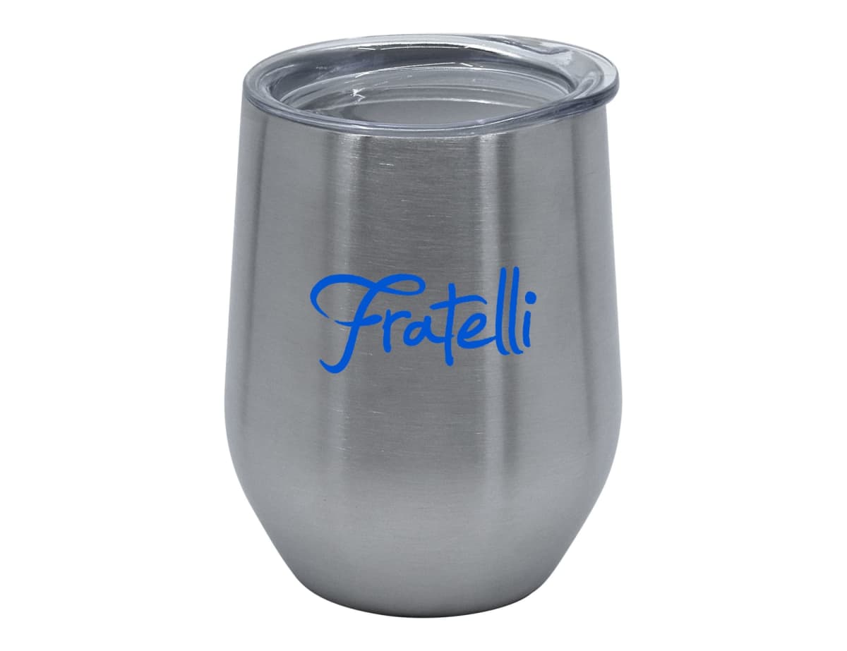 A stainless steel tumbler with a clear lid and the word Fratelli in blue cursive on the side.