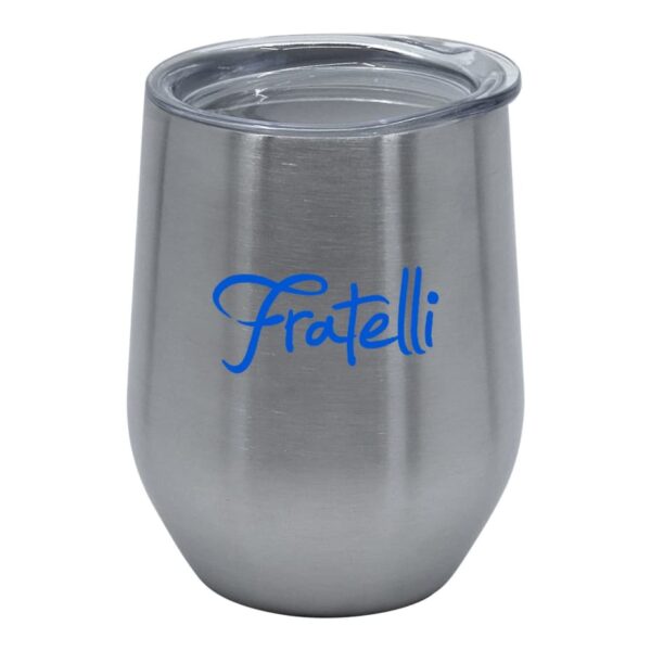 A stainless steel tumbler with a clear lid features the word Fratelli in blue script on its side. The design is sleek and modern.