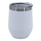 A white stainless steel tumbler with a clear plastic lid. The tumbler has a sleek, minimalist design and a slightly curved shape, perfect for holding beverages.