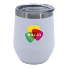 A white insulated tumbler with a clear lid, featuring a colorful logo with overlapping red, yellow, and green shapes and the word MUJJO in white letters at the center.