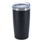 A black insulated travel tumbler with a transparent, spill-resistant lid. The tumbler has a sleek, minimalist design and appears to be made of stainless steel, suitable for keeping beverages hot or cold.