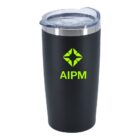 A black insulated tumbler with a transparent lid featuring a green logo and the text AIPM on its side.