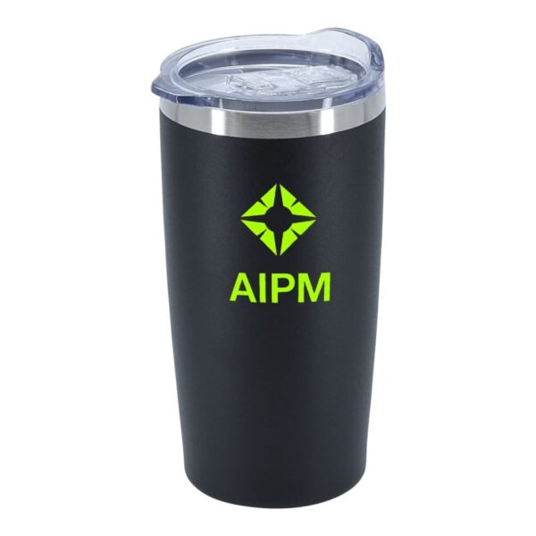 A black travel tumbler with a transparent lid featuring a green logo and the letters AIPM in green on the side.
