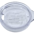 A clear, round plastic lid with a small tab on the side and a central slot design. The lid appears to be designed to fit over a cup or container, providing a secure seal while allowing for convenient opening.