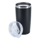 A black stainless steel tumbler with a silver rim is displayed with a transparent plastic lid beside it, standing upright against a plain white background.