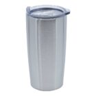 A tall, silver stainless steel tumbler with a clear, snap-on lid. The tumbler has a smooth, reflective surface and a sleek design, ideal for keeping drinks hot or cold.