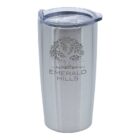 A stainless steel tumbler with a clear lid, featuring the Emerald Hills logo with a stylized tree design etched on the front.