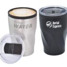 Two travel mugs with lids. One mug is silver with Sydney WATER text and filled with a frothy beverage. The other is black with Aerial Express text and is closed. A transparent lid is shown separately on the side.