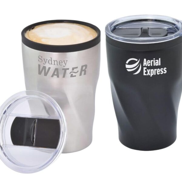 Two travel mugs with lids. One is silver with Sydney WATER text and filled with a beverage; the other is black with Aerial Express text. A clear lid is placed beside them.