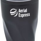 A black travel mug with a clear lid featuring the white logo and text Aerial Express. The mug has a curved design for easy grip.