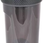 A black plastic shaker bottle with a screw-on lid and handle. The lid features a flip-top spout for drinking. The design is sleek and modern, with a slightly transparent body that reveals the contents inside.