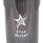 A black and gray shaker bottle with a secure lid and a carrying hook. The bottle features a star logo with the text Star Invest printed on the front. The design is sleek and modern.