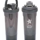 Two black shaker bottles with lids, featuring the Star Invest logo. One shaker is upright with its lid closed, while the other is seen from the side, showcasing its handle. Both have a sleek, matte finish.