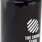 A black water bottle with a flip-top lid and carrying handle. It features a white logo and the text THE SOUND STORE on the side.