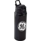 A black water bottle with a flip-top lid and a white circular logo featuring stylized letters, GE, in the center. The bottle has a sleek and glossy finish.