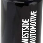 A black water bottle with a blue flip-top lid. The bottle features a graphic of a blue car with a yellow swirl beneath it and the text WESTSIDE AUTOMOTIVE in white, written vertically.