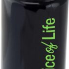 A tall, dark water bottle with a green lid and handle. The words Slice of Life are printed vertically in green. An illustration of orange slices with leaves is at the bottom of the text.