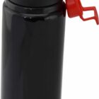 A black thermos with a red flip-top lid is shown. The lid is open, revealing the spout. The bottle is standing upright against a white background.