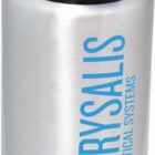 Silver water bottle with a blue and orange butterfly design and the words CHRYSALIS ANALYTICAL SYSTEMS printed vertically. It has a black lid and a blue spout.
