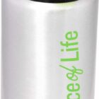 A silver insulated water bottle with a black and green lid. The text Slice of Life in green is printed vertically on the side, above an image of orange slices and green leaves.