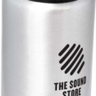A silver insulated water bottle with a black and gray flip-top lid. The bottle features a logo with diagonal lines and the text The Sound Store printed in black.