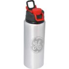 A silver water bottle with a black and red lid featuring a flip-top spout. The bottle has a logo with stylized letters on its side.