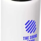 White water bottle with a black and blue lid featuring a flip-top spout. The bottle has a blue logo and the text THE SOUND STORE on its side.