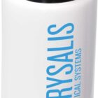 A white water bottle with a black and gray lid. The bottle features the text CHRYSALIS ANALYTICAL SYSTEMS and a colorful butterfly graphic.