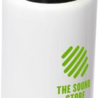 A white water bottle with a green logo reading The Sound Store and a black and green cap featuring a handle.