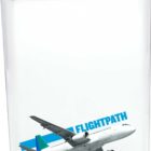 A clear, rectangular water bottle with a blue cap features an image of a soaring airplane and the text “FLIGHTPATH” in blue.