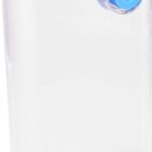 A flat, transparent water bottle with light blue caps on the top and side. The bottle has a sleek, minimalist design.
