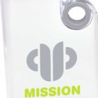 A transparent water bottle with a green lid, featuring a logo and the text MISSION MEDIA in green on its front. The bottle has a circular hole near the top right corner for easy carrying.