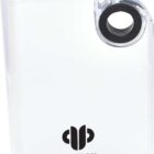 A clear, rectangular plastic water bottle with a gray cap and a circular opening. The container features a black logo and the text MISSION MEDIA on its front.