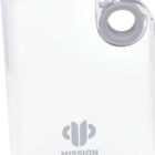 Transparent rectangular water bottle with a gray cap and a circular hole in one corner for carrying. The words MISSION MEDIA and a logo are printed in gray on the front.