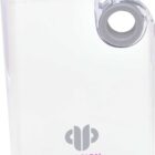 A clear rectangular water bottle with a pink screw cap and a round cutout near the top. The bottle features the Mission Media logo in gray and pink.