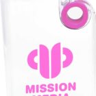 A transparent water bottle with a pink cap and a circular handle. The bottle features an abstract pink logo and the words MISSION MEDIA printed in pink on the front.
