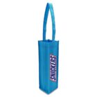 A blue fabric tote with a long handle, designed to hold a bottle. The bag features a bold, vertical Snickers logo in white and brown along the side.