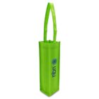A tall, rectangular, bright green tote bag with two handles. The bag features a blue logo and text on one side. Designed for carrying bottles or similar items.