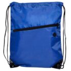 Blue drawstring backpack with a front zipper pocket and black drawstrings. The bottom corners have black reinforced patches with metal eyelets. A small black circular logo is visible near the zipper.