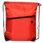 A bright red drawstring backpack with black strings, featuring a front zippered pocket and a small round port for headphone access.