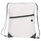 White drawstring backpack with black strings and reinforced corners. It features a front zippered pocket and a small circular hole near the zipper for earphones or cables.