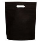 A black reusable non-woven tote bag with a flat bottom and cut-out handles. The bag is standing upright against a plain white background.