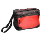 A black and red messenger bag with a shoulder strap. The bag has a red front pocket with a zipper, black side mesh pockets, and red bungee cords on the top for additional storage.