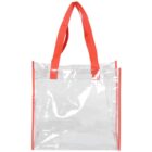 Clear plastic tote bag with bright red fabric handles and trim. The bag is rectangular and transparent, allowing contents to be easily visible.