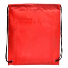 A vibrant red drawstring backpack with black strings. The bag has a simple square design with a stitched pocket on the front. The strings are threaded through metal eyelets at the bottom corners for closure and carrying.