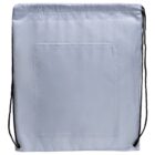 A light blue drawstring backpack with black cords and a large front pocket. The bag is simple and unadorned, with a rectangular shape.