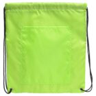 A bright neon green drawstring backpack with black cords. It features a large square front pocket. The bag is laid flat, emphasizing its vivid color.