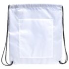A white drawstring backpack with a front pocket. The bag has thin black strings for shoulder straps, and the material appears smooth and slightly shiny.
