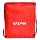 A red drawstring backpack with the word Gildan printed in white on the front. The bag has black drawstrings and a front pocket.