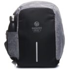 A sleek gray and black backpack with a side pocket holding a bottle. The front features a Harvey Beef Western Australia logo, and a reflective vertical stripe is centered on the black section. The backpack appears modern and stylish.